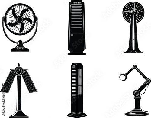 Different types of fans and a robotic arm black and white vectors