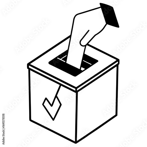 Stylized isometric line art illustration of a hand placing a ballot into a voting box with a checkmark symbol