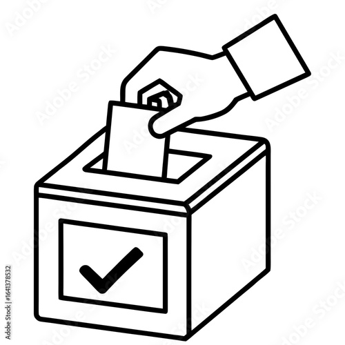 A hand in a suit sleeve drops a ballot into a voting box with a checkmark symbol
