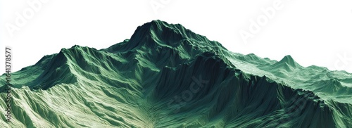 Detailed digital render of a mountain range in shades of green