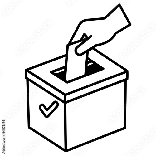Hand dropping a ballot into a ballot box with a checkmark symbol on the side representing voting and democracy