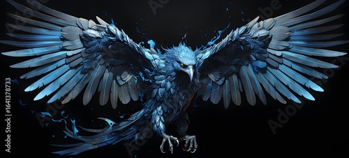 The black background contrasts sharply with the bright blue diamonds light emitted by Devil griffin,generative AI