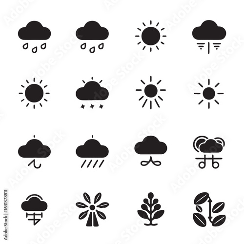 Collection of weather and nature related glyphs in black and white icon set