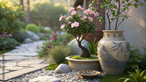 Serene japanese garden pathway with blooming azalea tree and elegant ceramic vase