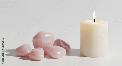 Vela branca acesa ao lado de cristais de quartzo rosa