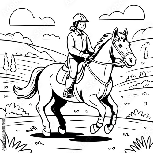 a horse riding illustration vector style coloring page 