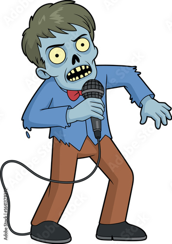 Cartoon zombie singing with microphone, blue-skinned undead performer in torn shirt and bow tie, funny horror character, creative concept art