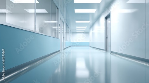 Cleanroom corridor featuring smooth, glossy floors and bright lighting creates sterile and professional atmosphere. walls are painted in calming blue, enhancing sense of cleanliness and order