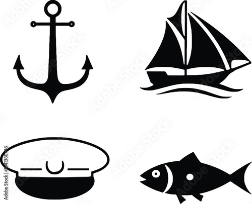 Nautical theme clip art featuring anchor boat cap and fish icons .editable vector illustration.