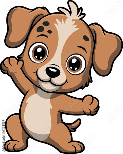Cute brown cartoon puppy with white chest patch, tufted head fur, expressive eyes, playful raised paws, friendly smile, standing upright pose