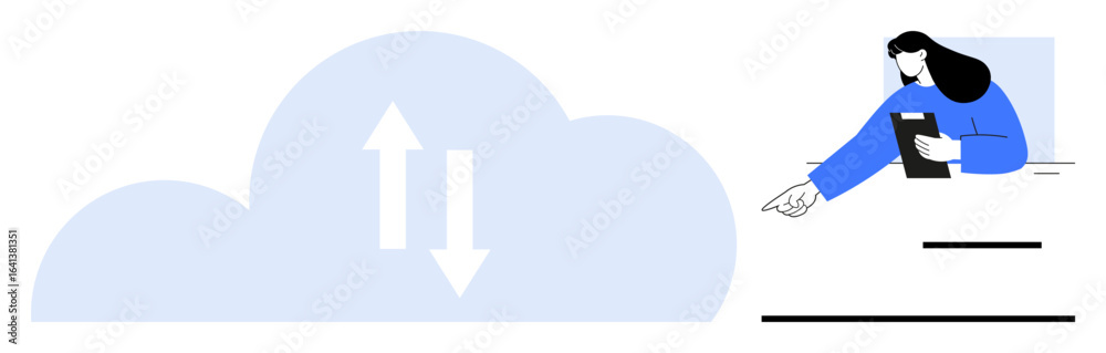 Cloud with arrows showcasing data transfer and technology. Woman holding tablet, pointing toward task. Ideal for cloud computing, technology, digital management, IT services, data sharing, workflow