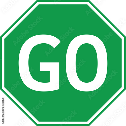  green octagonal traffic sign with white text go indicating permission to proceed on isolated background