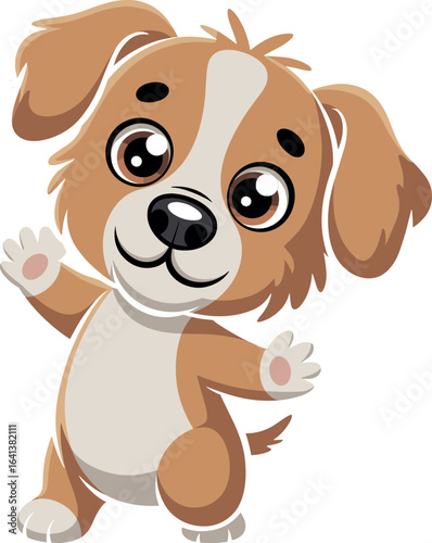 Cute brown and white cartoon puppy with floppy ears, expressive eyes, raised front paws, smiling face, upright pose, friendly character