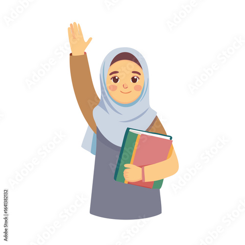 Muslim Girl Raising Hand While Holding Books, Flat Icon