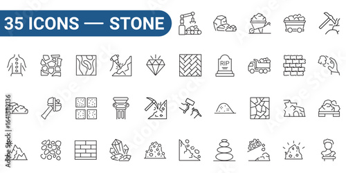 Thirty five stone related line or outline style icons suitable for websites, infographics, and presentations. Perfect for architecture, geology, or construction projects. editable stroke.