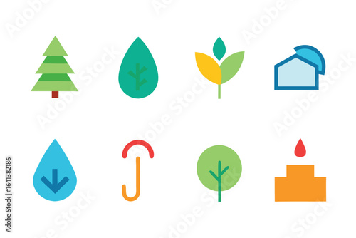 Photo of set of colorful flat design icons featuring nature elements and household objects isolated on white background for web and mobile design