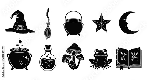 Magical Halloween symbols arranged artfully, perfect for a spooky illustration. The collection includes a witch hat, broom, cauldron, star, crescent moon, mushrooms, frog, and spell book.