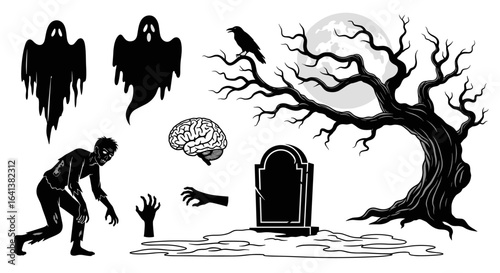 Spooky Halloween elements, perfect for creating a chilling atmosphere. Elements such as ghostly figures, gnarled trees, and a menacing raven create a spooky ambiance.