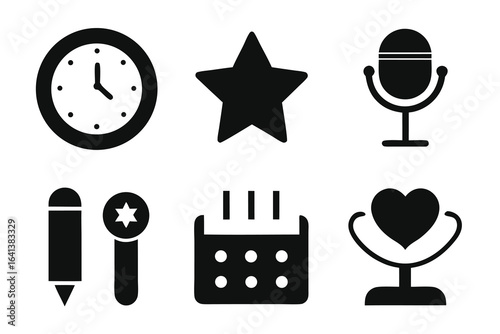 Photo of collection of six black and white icons representing various objects and symbols, isolated on white background