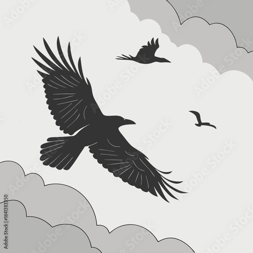 Stylized Ravens Soaring Through Cloudy Skies in a Vector Illustration