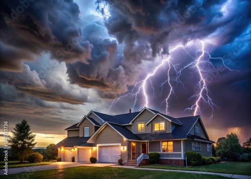 Heavy storm clouds gather over a suburban house with lightning illuminating the dark sky