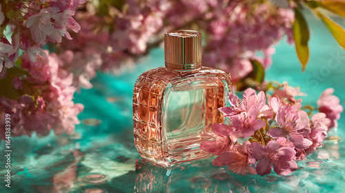 Perfume bottle with flowers and spa still life decoration