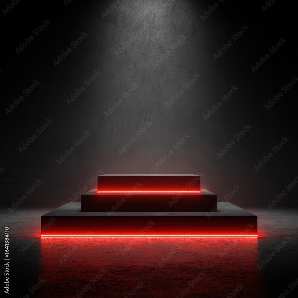 Obraz premium Minimalist podium with red neon outlines, casting a soft red glow on the black floor and background.