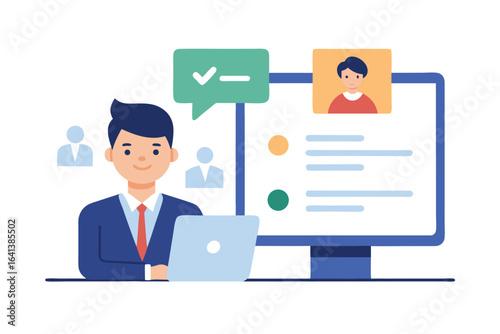 Photo of a job interview is being conducted online with a candidate and a recruiter isolated on white background