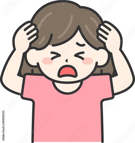 頭を抱えて悩む女の子｜困った表情の子供のイラスト