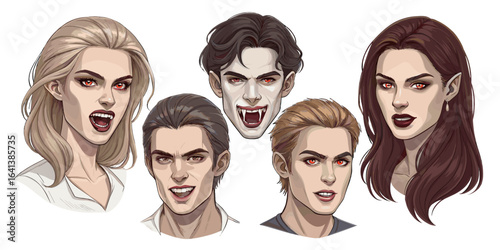 An array of vampire portraits showcasing diverse appearances and sinister expressions, ideal for thematic designs and illustrations, Halloween season