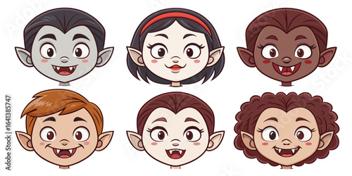 Cute vampire characters with diverse hairstyles, showcasing a range of expressions and a playful depiction of the classic mythical creatures, Halloween season