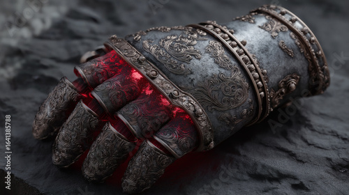 Ornate medieval gauntlet with baroque engravings and glowing red embers