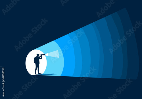 A lone explorer searches for a brighter future using a powerful telescope illuminating the path ahead with a brilliant beam of light symbolizing hope and discovery in the darkness