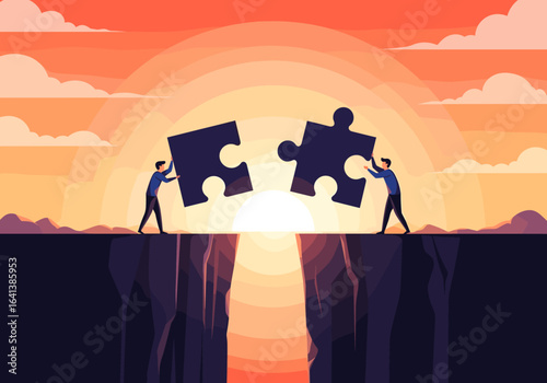 Two people on opposite sides of a chasm are joining two puzzle pieces together as the sun sets behind them