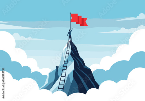 A person stands at the summit of a snowy mountain holding a red flag after climbing a steep ladder towards the sky