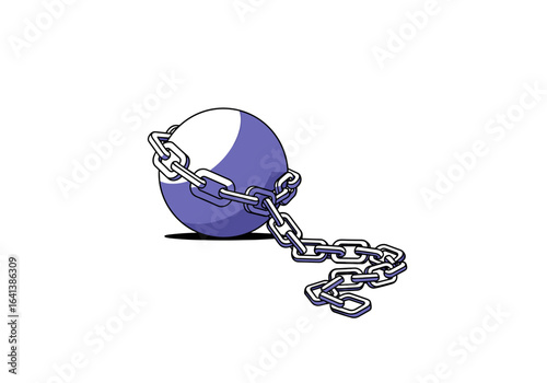 A purple sphere is attached to a metal chain and rests on a white background