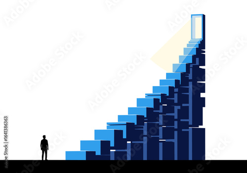 The ascending staircase of opportunity leads to a brightly lit open door representing future possibilities