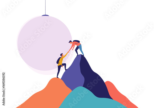 Two climbers helping each other reach the mountain summit under a large full moon symbolizing success and teamwork