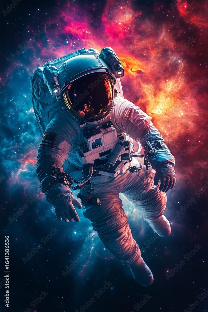 Fototapeta premium Astronaut Floats in Vibrant Cosmic Space Surrounded by Colorful Nebulae and Stars
