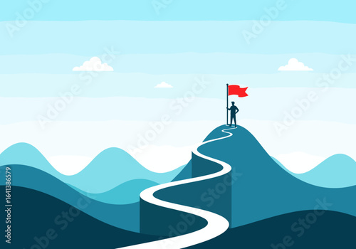A person stands on a mountain peak holding a flag at the end of a winding path symbolizing achievement and success