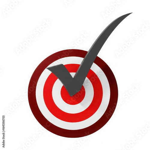 Red and white target with a dark gray checkmark symbol indicating success and achievement isolated on transparent background