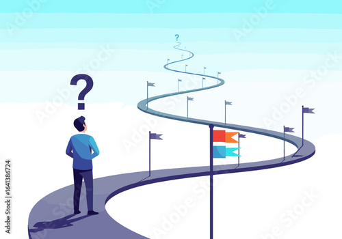 A person stands at a crossroads with a question mark above their head considering a long winding road ahead with flags marking the way