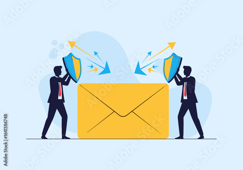 Businessmen holding shields protecting an email from cyber threats and data breaches illustrating email security concepts