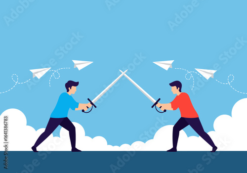 Two businessmen with swords facing each other in a duel with paper airplanes flying overhead