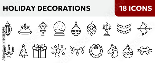  icons depicting various holiday decorations Includes festive items such as ornaments,  Christmas tree, and gifts