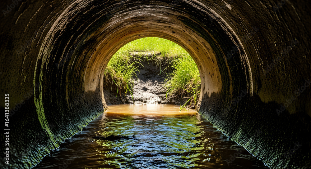 Naklejka premium Sunlight streams through tunnel with flowing water creating stunning contrast of light and shadow outdoors