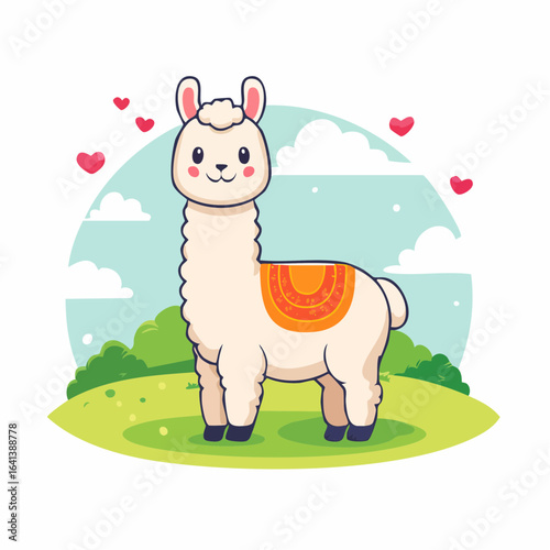 Charming Cartoon Llama with Hearts Surrounded by Nature Landscape Illustration