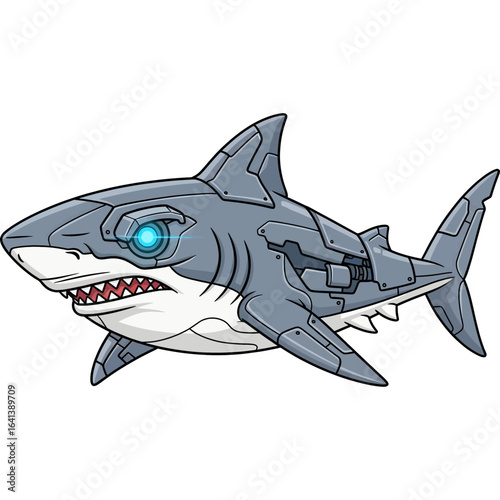 Futuristic mecha shark illustration with a glowing cybernetic eye. A powerful robotic sea predator concept art isolated on a white background.