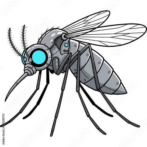 Futuristic concept of a bionic mosquito robot. A detailed cartoon of a mechanical surveillance drone with glowing eyes.