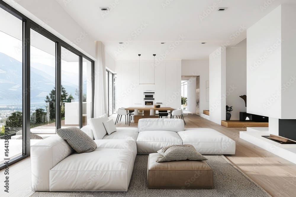 Bright, spacious open plan living room with comfortable white sofa, dining area, and fireplace, enjoying a stunning mountain view Bright, spacious open plan living room with comfortable white sofa, dining area, and fireplace, enjoying a stunning mountain view